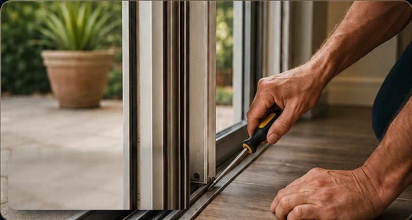 Technician using a screwdriver on a sliding patio door track