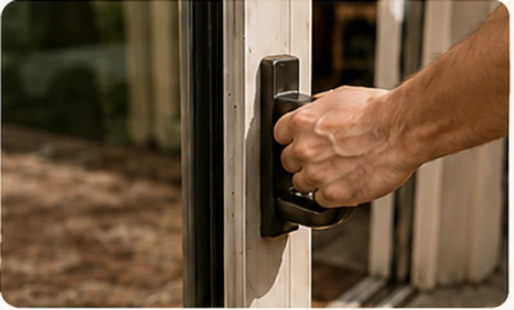 Hand pulling a sliding patio door handle
